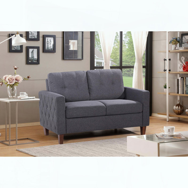 Causeuse transitionnelle avec capitonnage à boutons et bordure passepoilée, Polyester GRIS FONCÉ