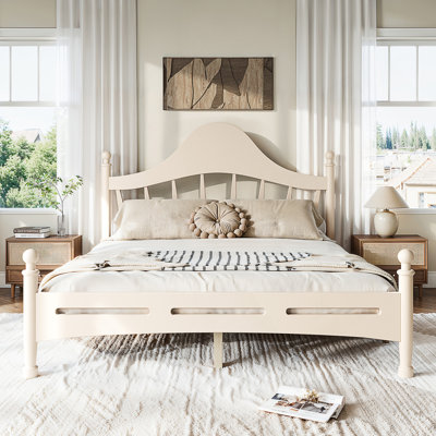 Queen Size Platform Bed with Chic Headboard, Solid Wood BED Frame with Slatted Support, No Box Spring Needed and Low to Ground Design