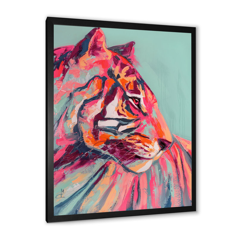 Œil de tigre rose, coup de peinture - peinture, H 32 po x l 16 po, Impression encadrée, Noir