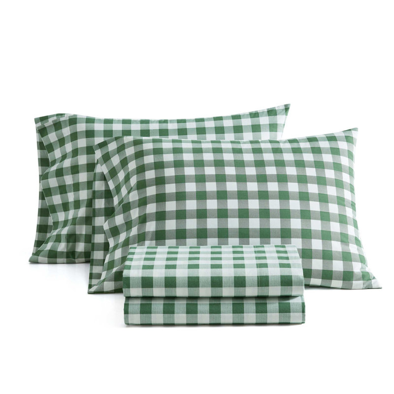 Martha Stewart Cotton Percale  Sheet Set, Queen Sheet Set with 2 Pillowcases, Green Plaid