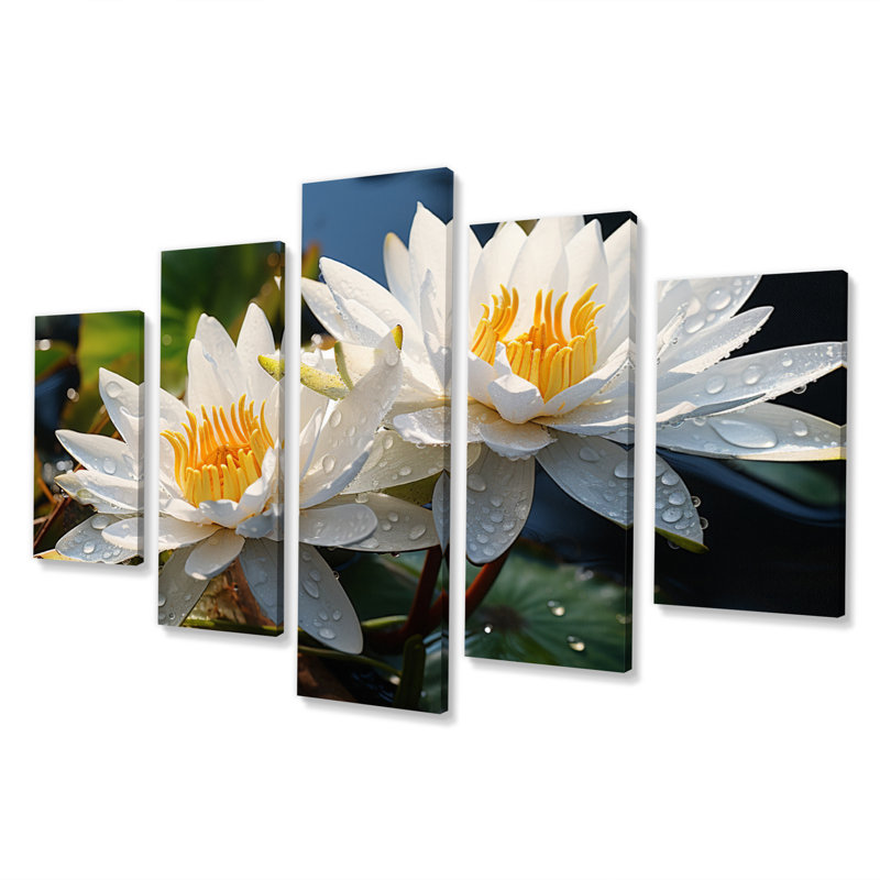 Blanc lotus jaune champ IV - art mural floral salon - 5 panneaux