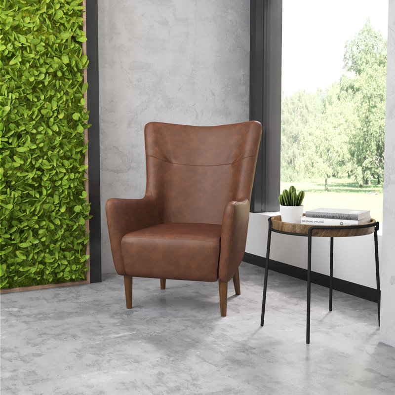 Dark Brown Faux Leather Wingback Accent Chair with Wooden Legs