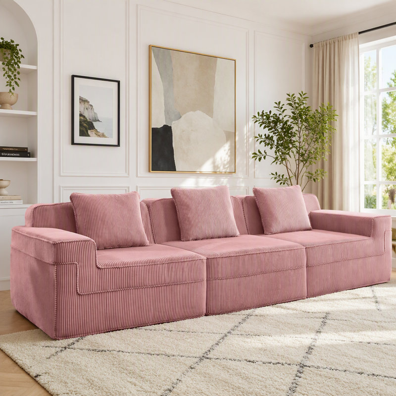 Canapé modulaire en velours côtelé 3 places sans assemblage, 3-Seater, Pink