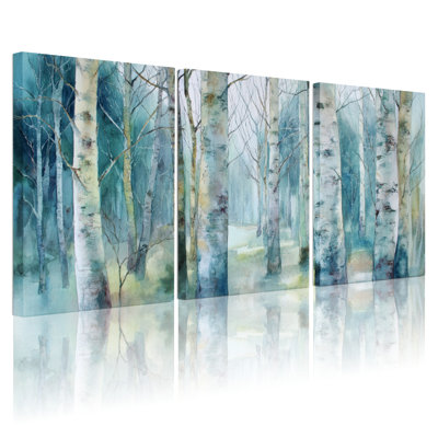 Birch Trees Forest Watercolor Canvas Wrapped Wall Art Oil Painting Print Set of 3