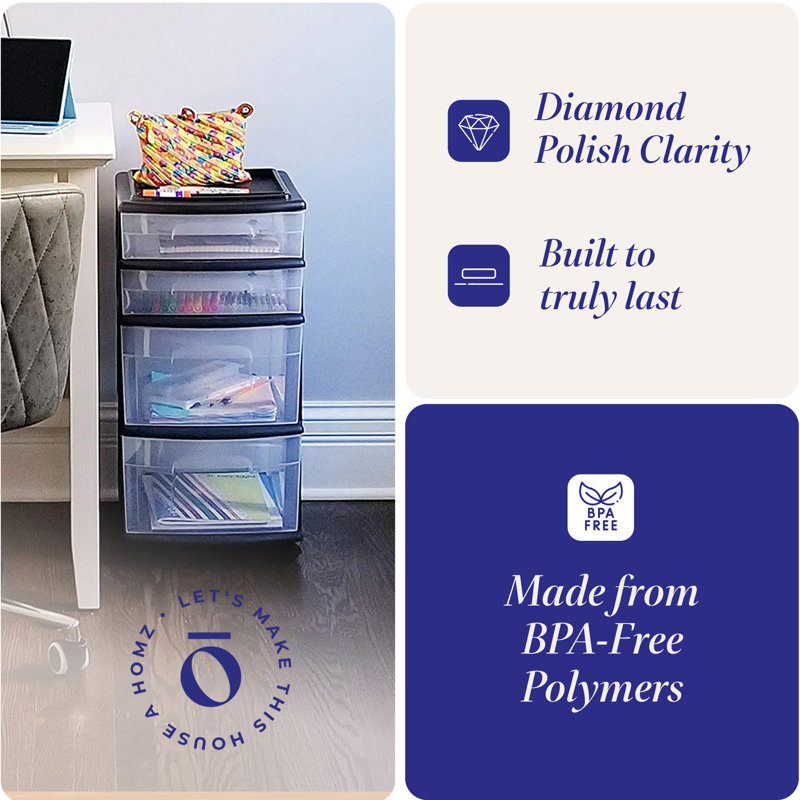 Black Plastic Medium Storage Cart with 4 Clear Drawers