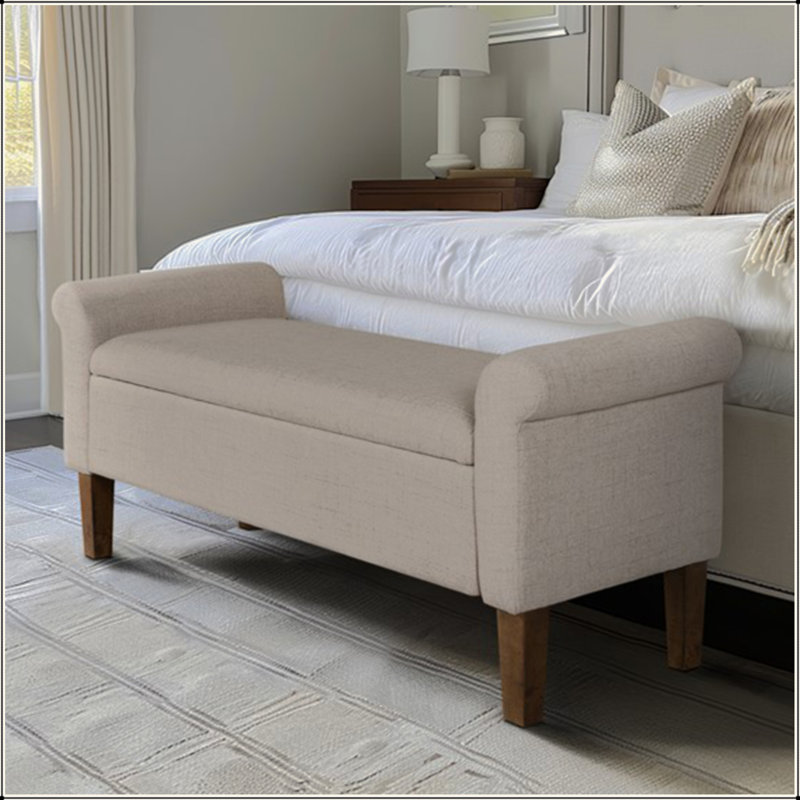 Élégant banc de rangement rembourré avec accoudoirs roulés et amplement d'espace de rangement, Beige