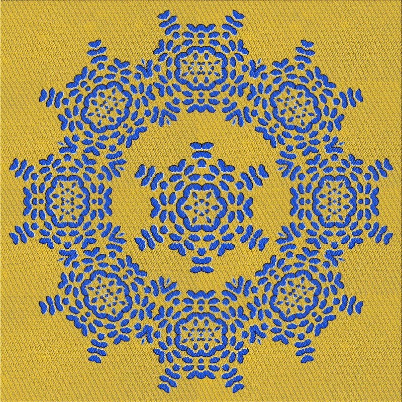 Tapis bleu/jaune à motifs, Carré 4 pi
