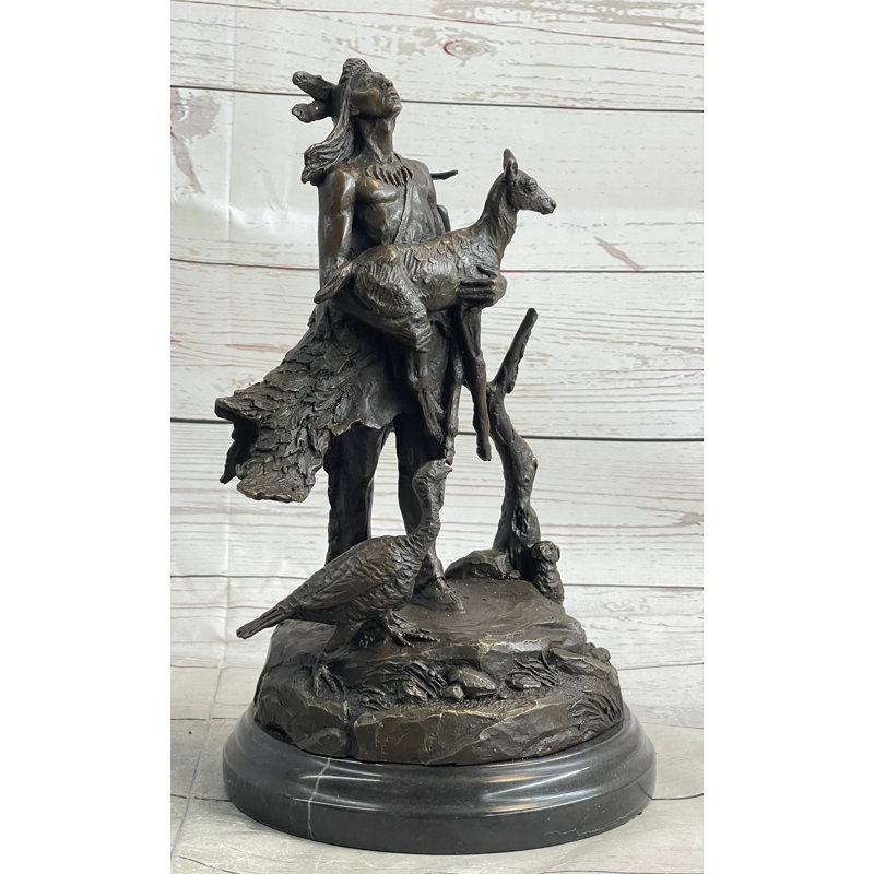 Native American Indian Shaman Holding Deer & Turkey Bronze Sculpture Statue