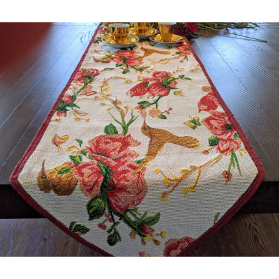 Chemin de table à motif floral rouge roses et oiseaux Bagby