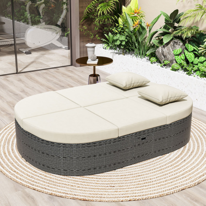 Chaise longue en rotin pour 2 personnes avec dossiers et coussins réglables pour le patio ou la piscine, Beige, Gris