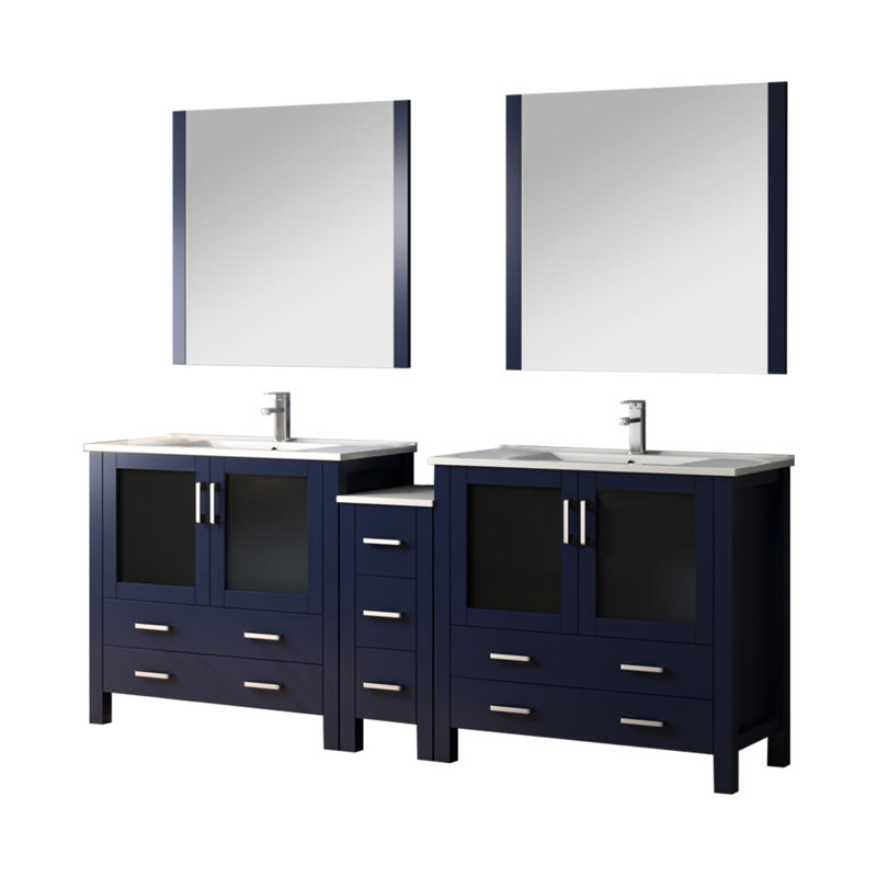 Meuble-lavabo bleu marine avec comptoir en céramique blanc, robinet et armoire latérale attrayante de 84 po Armoire, robinet, miroir supérieur