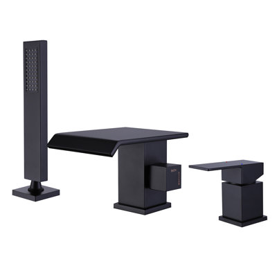 Three Holes Deck Mounted Roman Bathtub Faucet With Hand Shower, Matte Black Widespread Waterfall Tub Filler