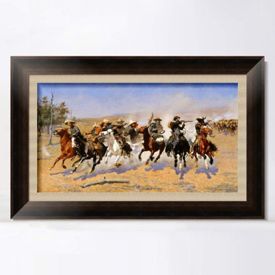 Framed Canvas Art Giclee Print A Dash For The Timber by Frederic Remington Wall Art Living Room Home Office Decorations(Vintage Brown Frame With Linen Liner,24"X40")