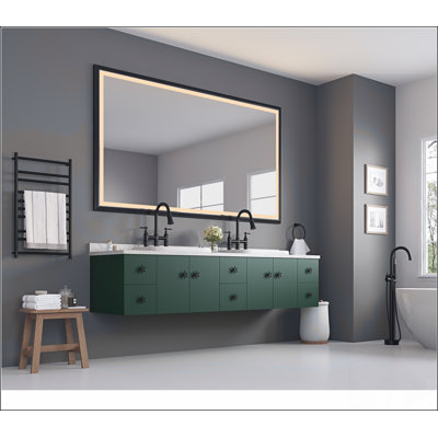 Miroir de salle de bain 88 po x 38 po à DEL avec cadre en aluminium, miroir de meuble-lavabo mural, anti-buée, mémoire, 3 couleurs, réglable en continu