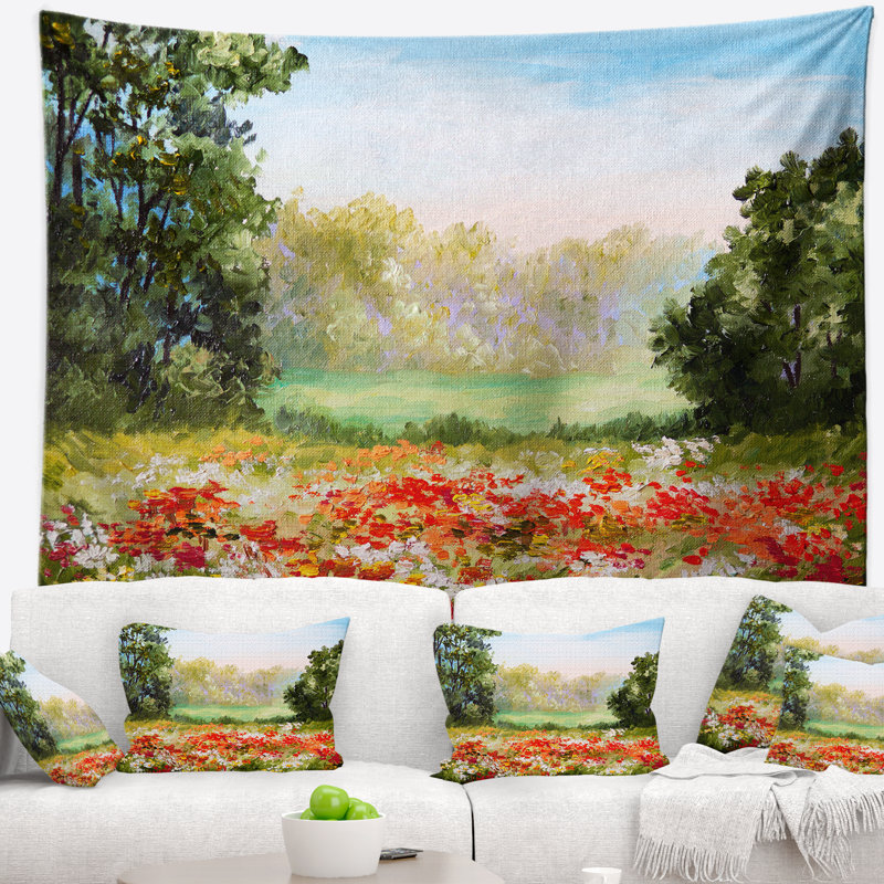 Champ de pavot de paysage avec tapisserie du ciel, H 78 po x l 92 po