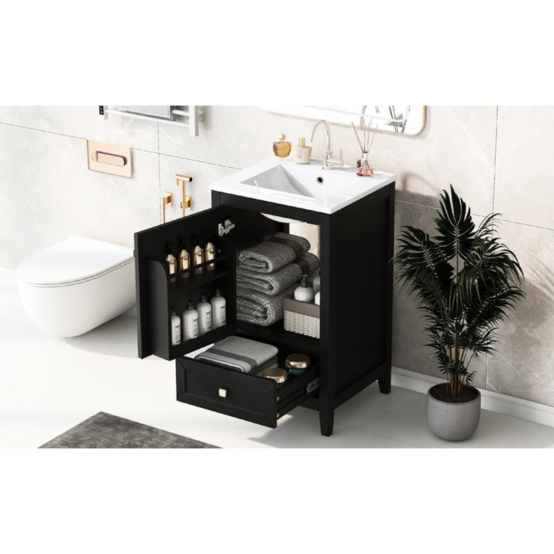 Meuble-lavabo de salle de bain 20 po - Noir, lavabo en céramique, lavabo à un tiroir facile à nettoyer, trop-plein intégré