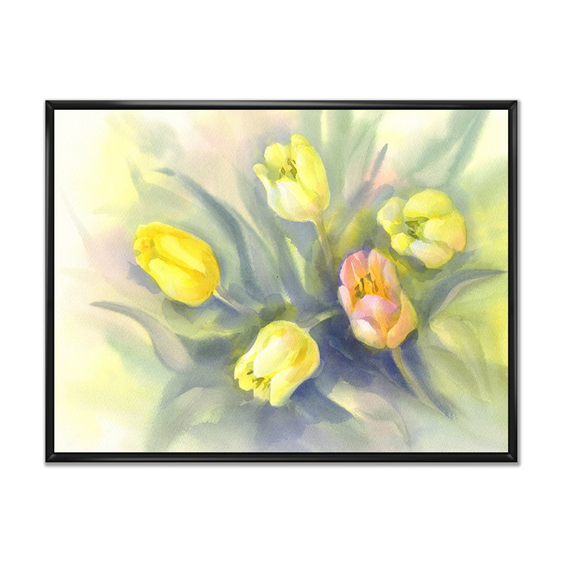 «White Yellow Yellow and Pink Tulips», reproduction de cadre photo sur toile, H 8 po x l 12 po x P 1 po, Cadre flottant noir