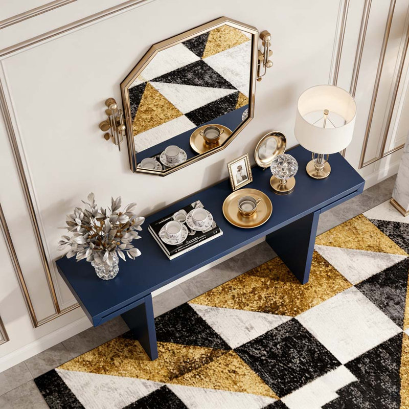60-Inch Console Table with Geometric Clean Lines Design, Navy Blue