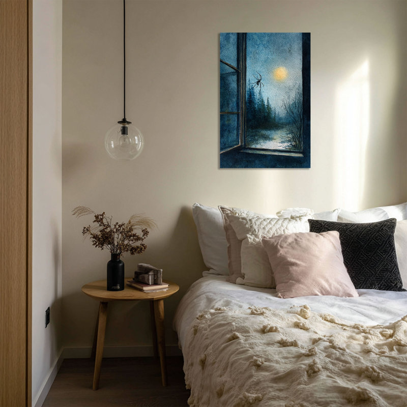 «Spider on Open Window Snowy Forest Moonlit Night» - Art mural sur toile tendue - Décoration de salon, de chambre à coucher ou de bureau