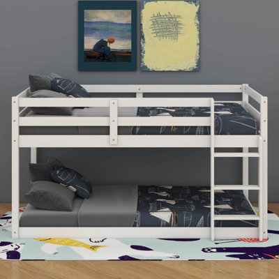 Twin Over Twin Solid Rubber Wood Floor Bunk Bed – Ladder & Strengthened Slat Bed Platform