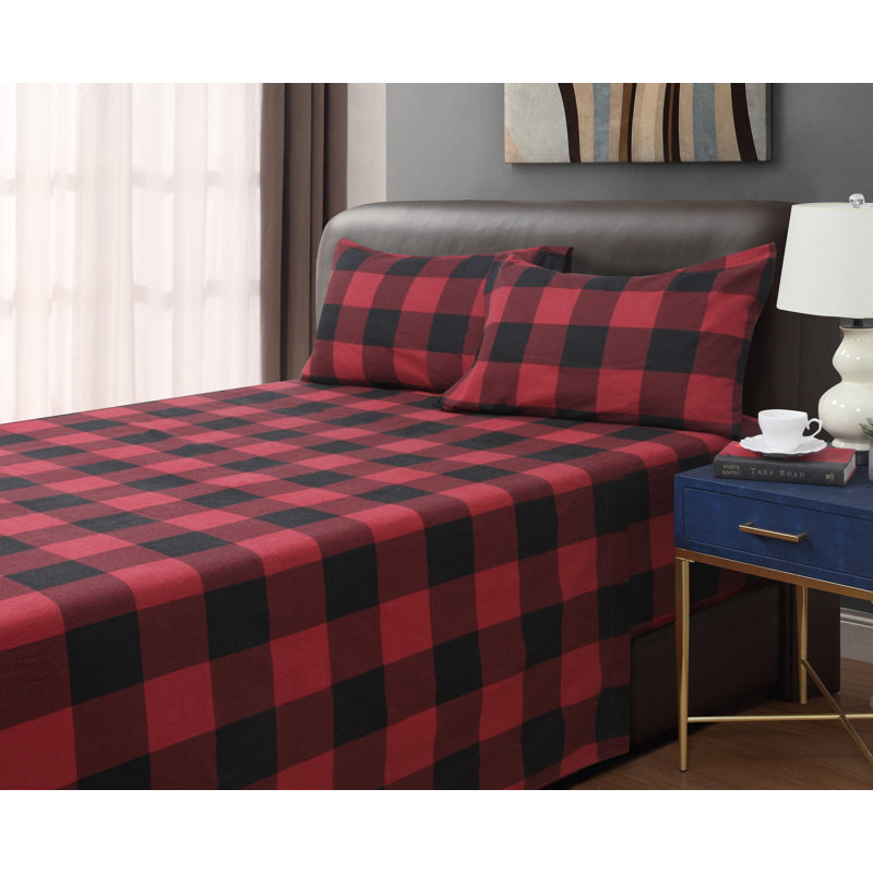 Lithium 100% Cotton Flannel Plaid Sheet Set, Full, Red/Black 