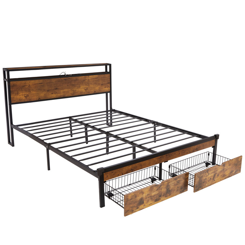 Grand lit plateforme en métal avec panneaux de tête et de pied en bois, prise de charge, 2 rangements de tiroirs, lumières à DEL, aucun sommier nécessaire, capacité de poids de 600 lb, lieu de travail d'assemblage simple, action
