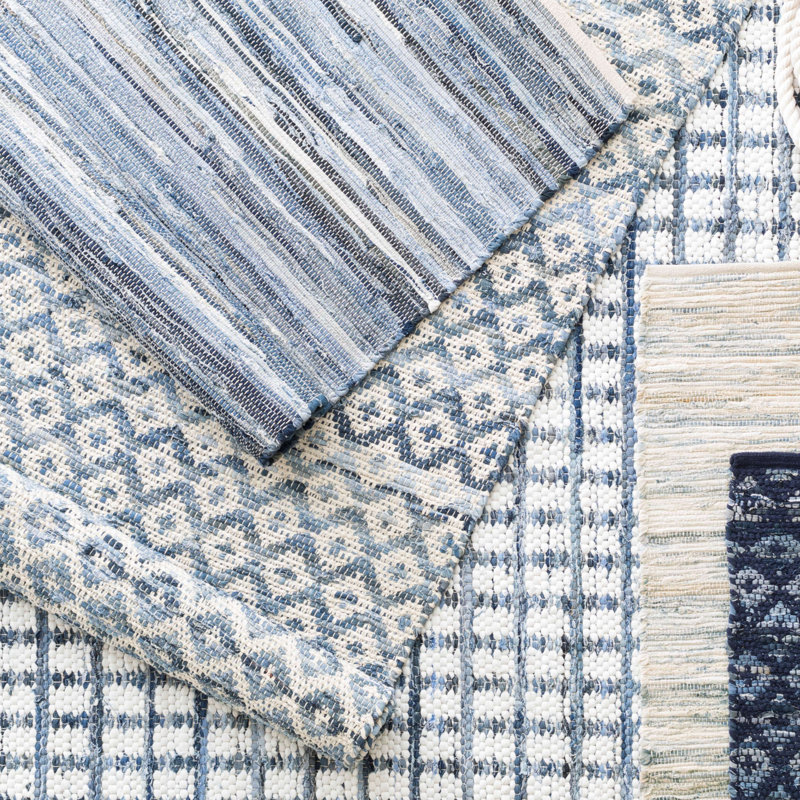 Denim Rag Diamond Ivory Handwoven Cotton Rug, Rectangle 7'6" x 9'6"