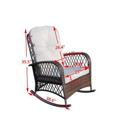 Outdoor Wicker Rocking Chair With Wide Seat, Thick, Soft Cushion, Rattan Rocker W Frame, High Weight Capacity For Patio, Garden, Backyard, Shallow Cushion