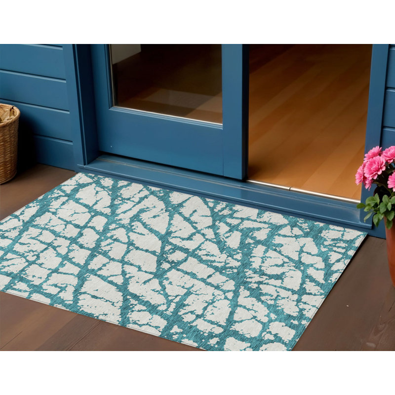 3' X 5' Teal Blue Abstract Washable Indoor Outdoor Area Rug