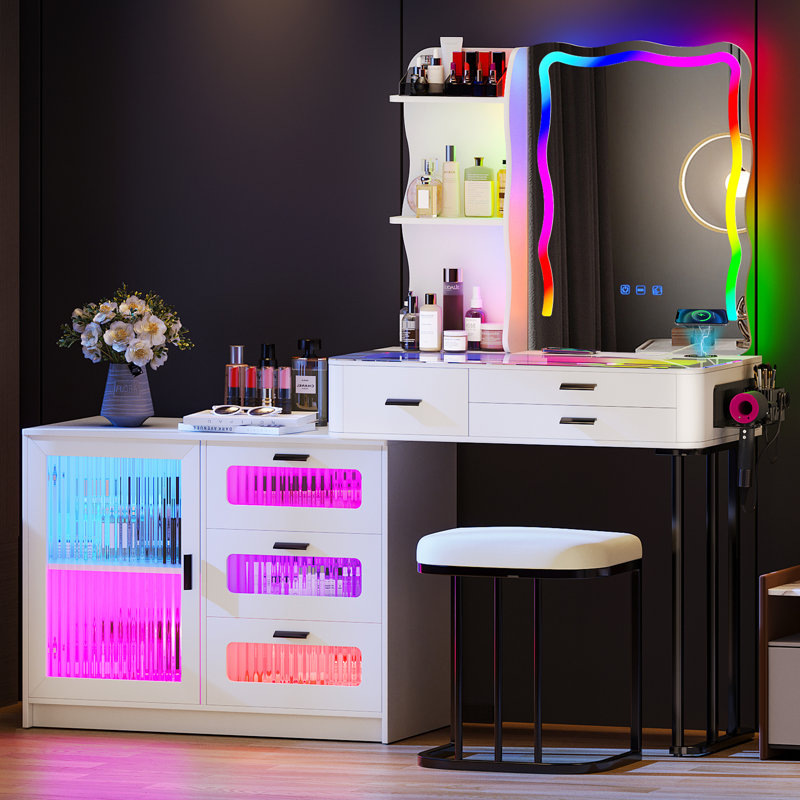 Makeup Vanity Table With Charging Station, Glass Top Vanity Set With Rgb Lights, 6 Drawer Dresser With Large Storage Side Cabinet