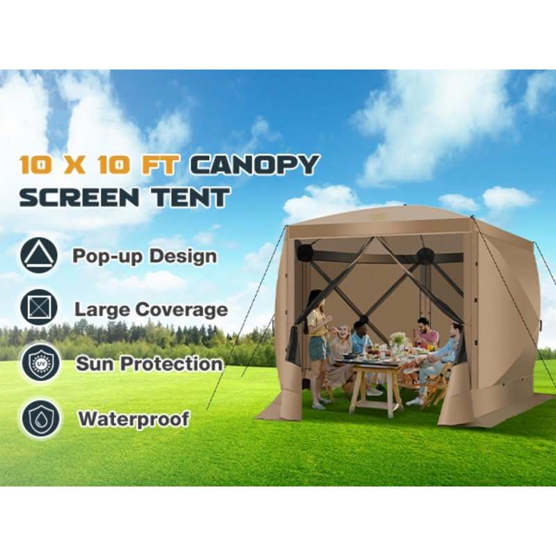 10x10FT Camping Gazebo Screen Tent, Khaki