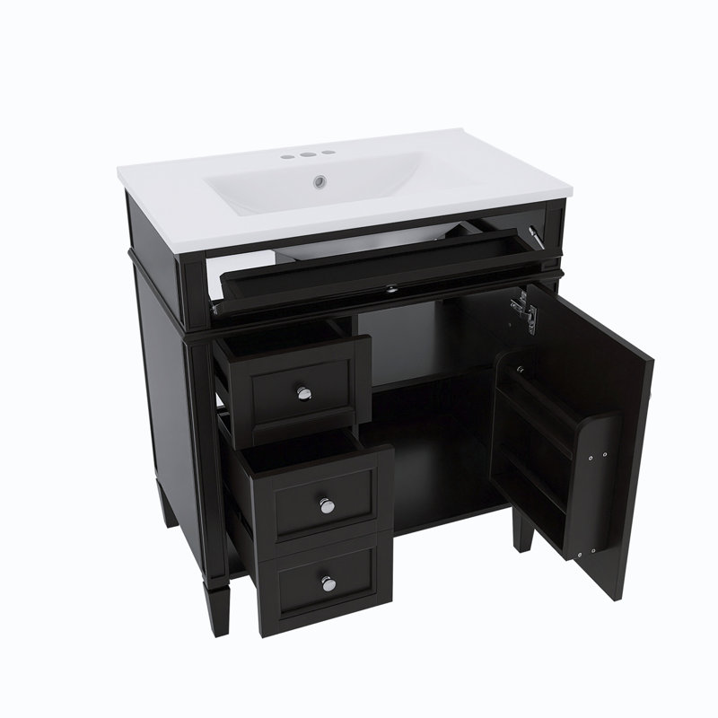 30 po Ensemble de meuble-lavabo autoportant avec comptoir en céramique, Noir, Argent argent