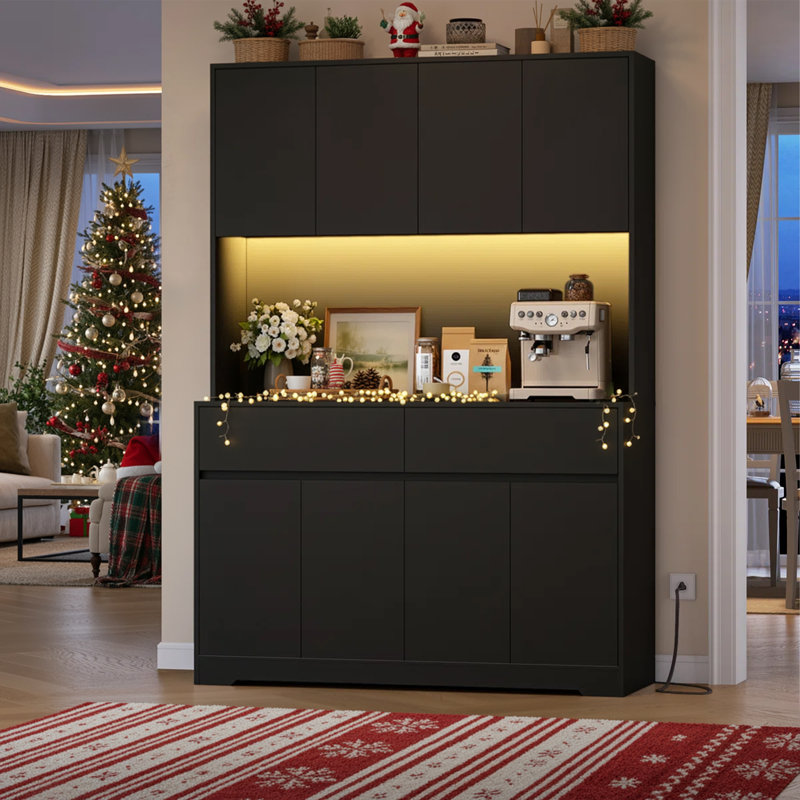 🎨💡Color Your Kitchen: 8-Door Baker's Rack with Fully Adjustable Smart LED Lights & Charging Station, Black