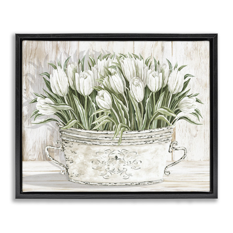 «Fresh White Tulip Flowers», art mural rétro sur toile flottante par Cindy Jacobs, Cadre flottant noir de jais