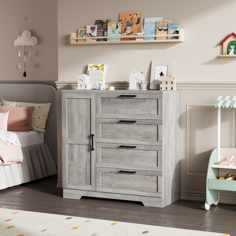 Mini armoire penderie en bois avec commode et porte 4 tiroirs H 43,3 po, Gris