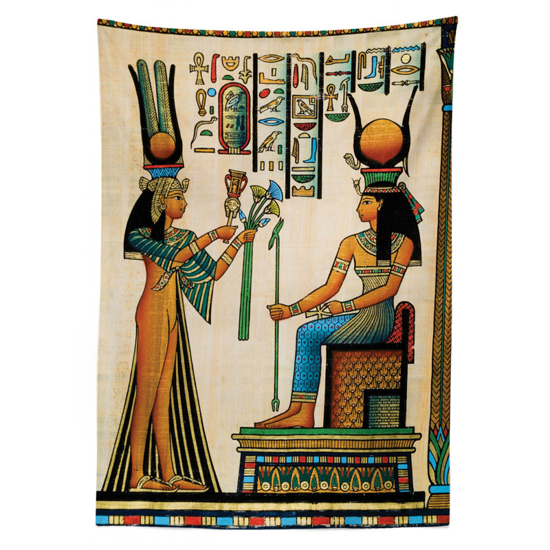 Egyptian Tablecloth, Old Egyptian Papyrus Depicting Queen Nefertari With Historical Empire Artwork, Rectangular Table Cover For Dining Room Kitchen Decor, 52" X 70", Multicolor