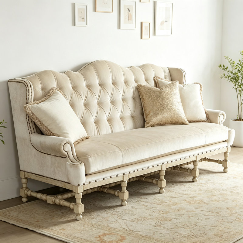 Canapé à trois places en tissu American Retro, Tissu blanc cassé, Blanc cassé / blanc