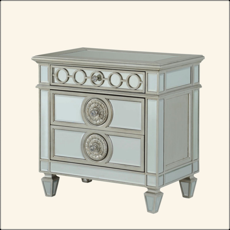 Table de chevet à finition miroir avec 2 tiroirs Glam, Clair
