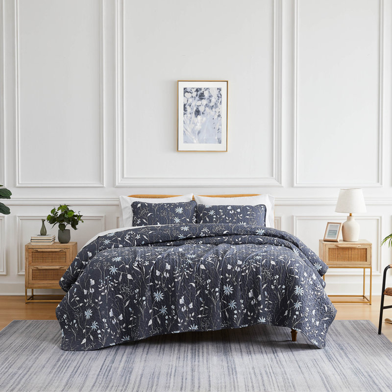 Secret Meadow Microfiber Reversible Quilt Set, Blue, Full/Queen Quilt + 2 Standard Shams