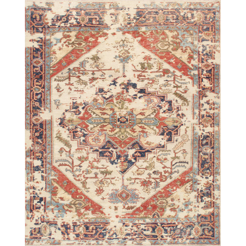 Hand-knotted Ivory and Navy Wool Oriental Rug, 9' x 12'