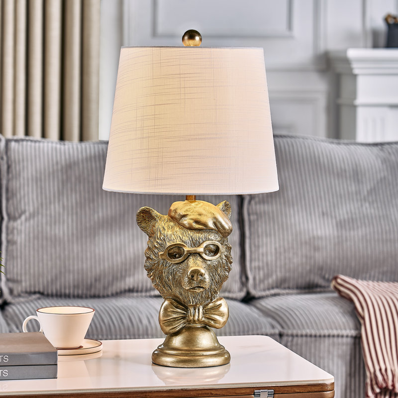 23" Gold Resin Bear Table Lamp With Glasses And Linen Shade, Gold, White