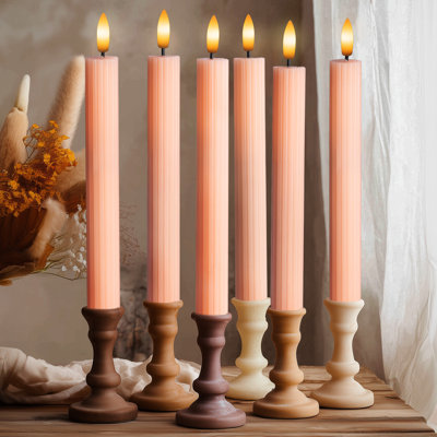 Fluted Ribbed Grooved LED Flameless Taper Candles, Remote, On/Off Button, Battery Operated, 6 Pack