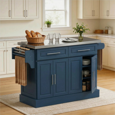 Îlot roulant avec plateau en acier inoxydable et finition bleu foncé, chariot de préparation de 57 pouces avec rangement