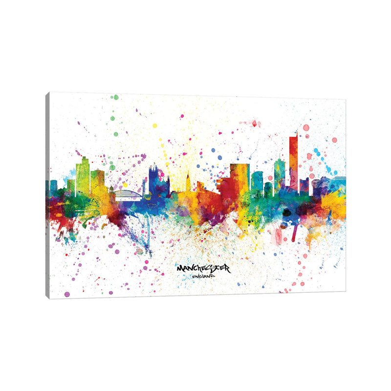 Manchester England Skyline Splash by Michael Tompsett - Wrapped Canvas Gallery-Wrapped Canvas Giclée, 20.32 cm H x 30.48 cm W