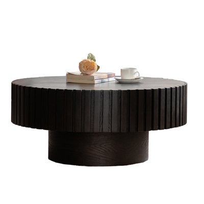 Round Coffee Table Handcrafted Relief Sturdy Pedestal Wooden Olive-Shaped Tea Table For Living Room