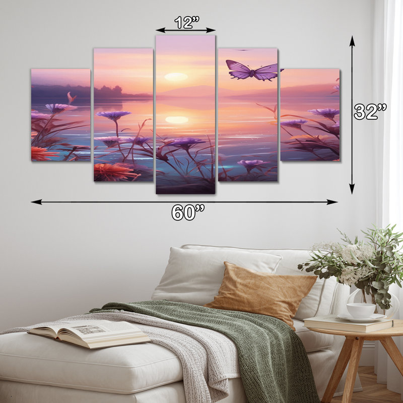Papillon rose, coucher de soleil magique - décoration murale animaux - 5 panneaux