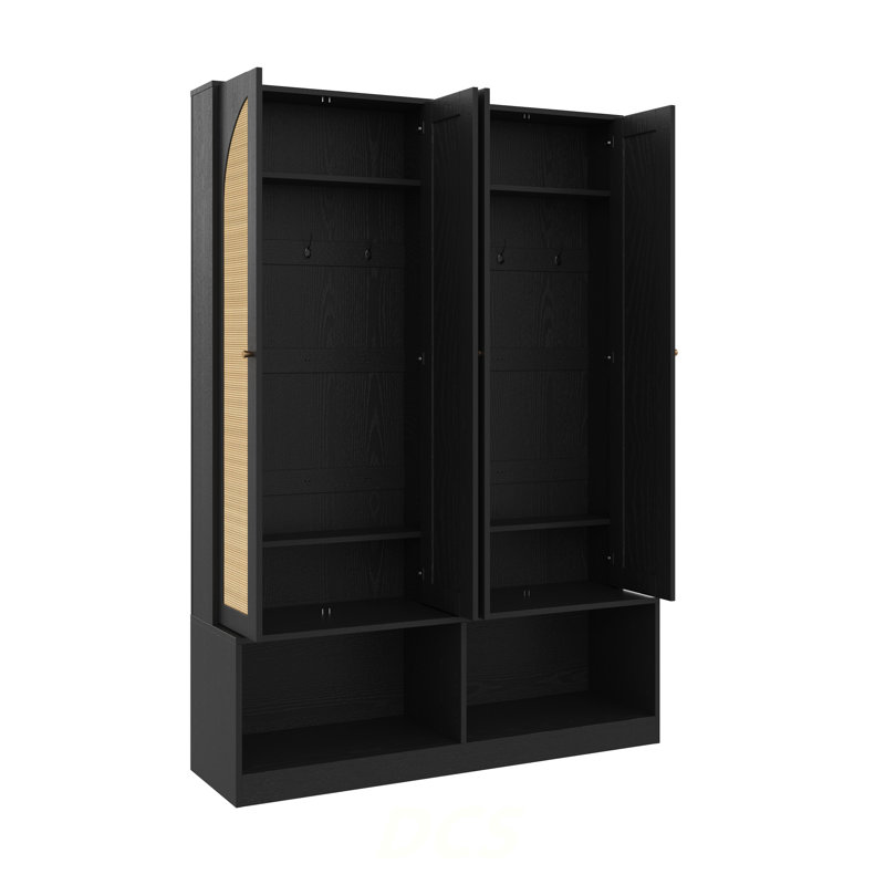 Farmhouse Hall Tree With Rattan Doors, Versatile 4-In-1 Seating Bench With 6 Hooks, Mid-Century Entryway Shoe Cabinet With Shelf For Living Room, Black, 55.1"W, Shoe Storage