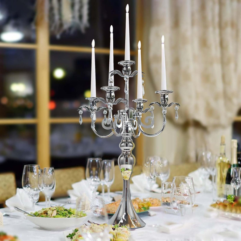 5-Arm Silver Metal Candelabra with K9 Crystal Pendants – 20 Inch Tall Taper Candle Holder for Wedding, Dining Table Centerpiece & Home Decor