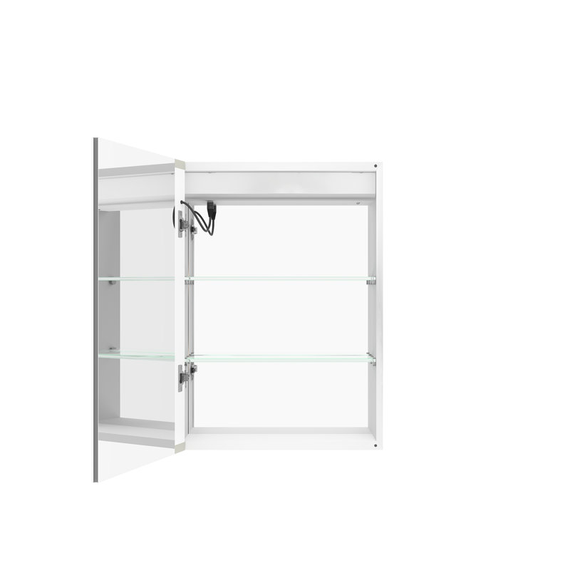 Armoire de salle de bain à miroir 20 po x 28 po à fixation murale. Brouillard, imperméable, à intensité variable. 3000k ~ 6000k, interrupteur tactile, porte simple, tablette de rangement à intensité variable, 3000k 6000k, thermolaqué