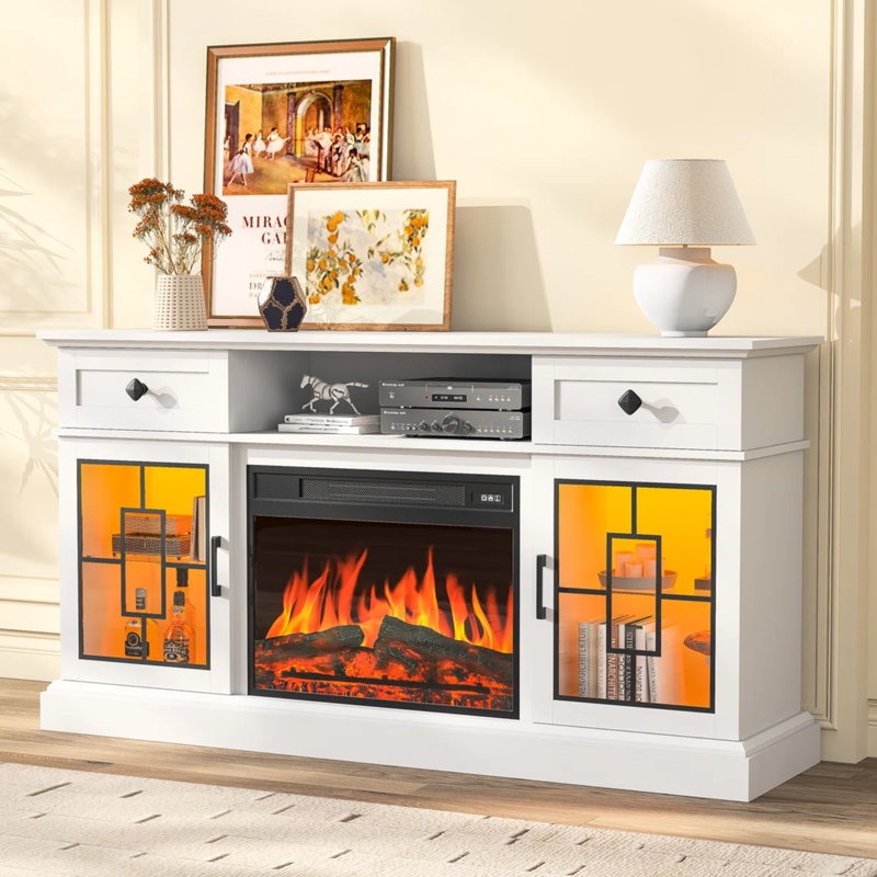 Meuble télé pour téléviseur de 65 po ou moins avec foyer électrique, console multimédia à DEL, centre de divertissement moderne